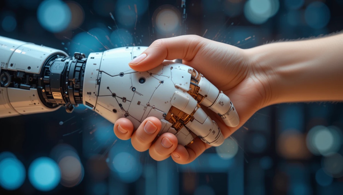 An illustration of a person working with the Gemini AI assistant.