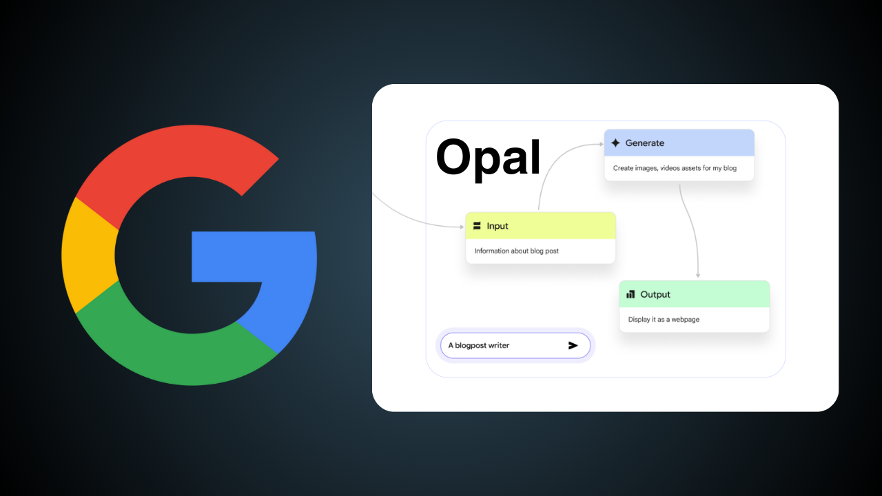 An illustration of the Google Opal logo with code in the background.