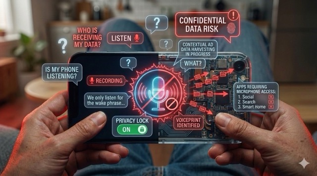 A smartphone with a microphone icon and a question mark