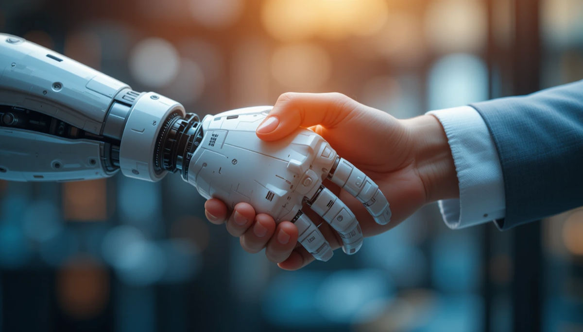 An illustration of a human and an AI collaborating on a project.
