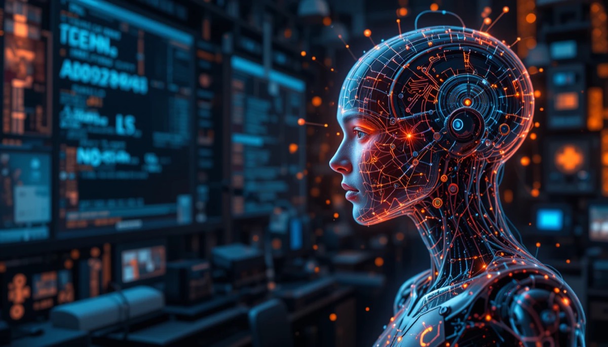 A robot interacting with data visualizations, representing AI in software development.