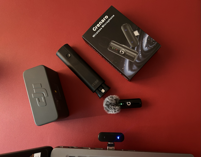 Grenaro wireless mic connected to PC via USB-C to USB-A adapter