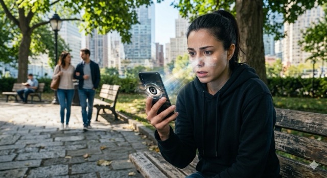 A smartphone screen showing an eye watching the user